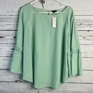 Ann Taylor Green Striped Flare Sleeve Blouse